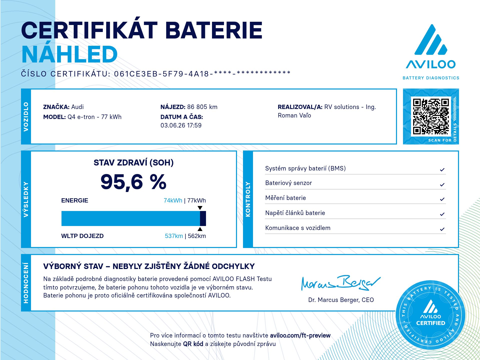 Ukážka certifikátu batérie AVILOO